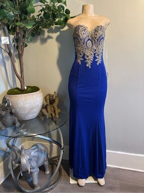 Royal Blue Strapless Evening Gown with Gold Lace Bodice